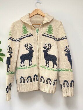 Vtg Cowichan Sweater Deer Pattern Sweater - Handknit Deer Design Cowichan Sweate